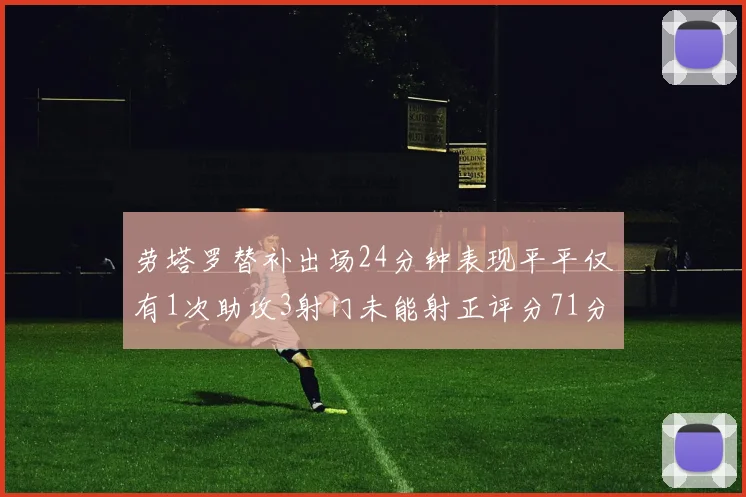 劳塔罗替补出场24分钟表现平平仅有1次助攻3射门未能射正评分71分